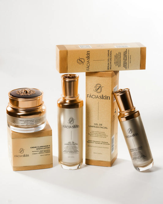 Gel, sérum e creme FÁCIAskin com as caixas douradas